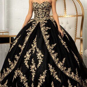 BLACK Jewel Embellished Tull Quinceanera Ball Gown Embroidered Mesh GL3016